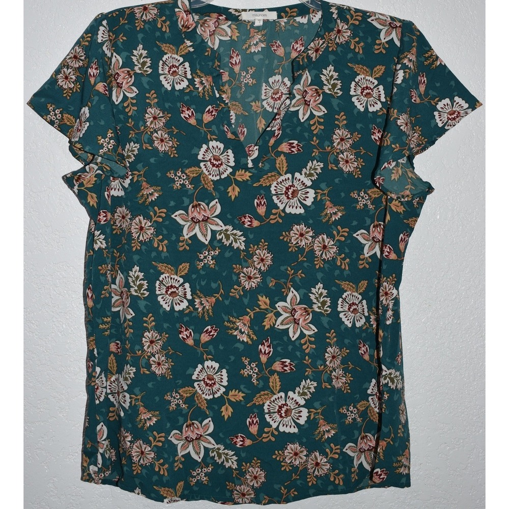 Maurices XL Top Floral Split V-Neck Flutter Sleeve Blouse Teal Green Cottagecore